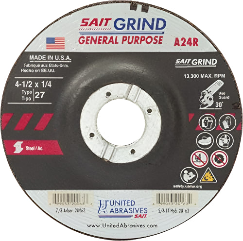 UNITED ABRASIVES/SAIT 20063 A24R Grinding Wheel 4-1/2 x 1/4 x 7/8