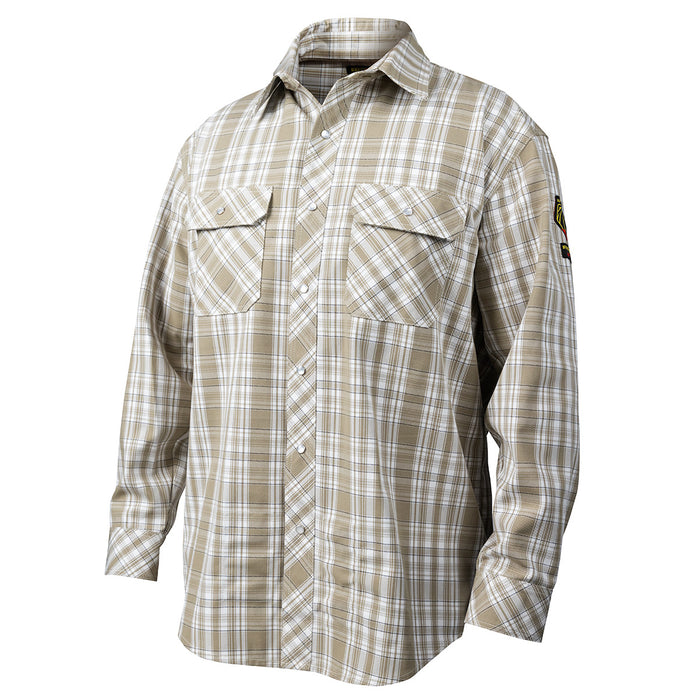 Black Stallion Large AR/FR Cotton Work Shirt with Pearl Snaps, Khaki Plaid. WF2110-PK