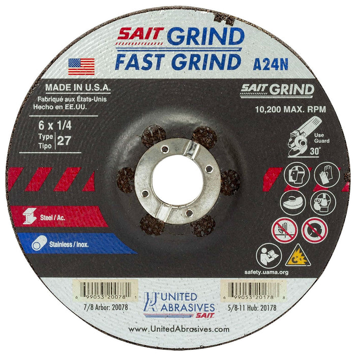 UNITED ABRASIVES/SAIT 20078 A24N Grinding Wheel 6 x 1/4 x 7/8