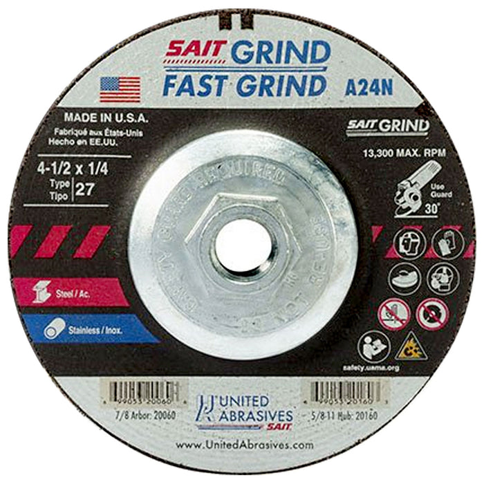 UNITED ABRASIVES/SAIT 20160 A24N Grinding Wheel 4-1/2 x 1/4 x 5/8