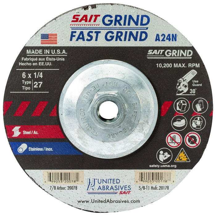 UNITED ABRASIVES/SAIT 20178 A24N Grinding Wheel 6 x 1/4 x 5/8