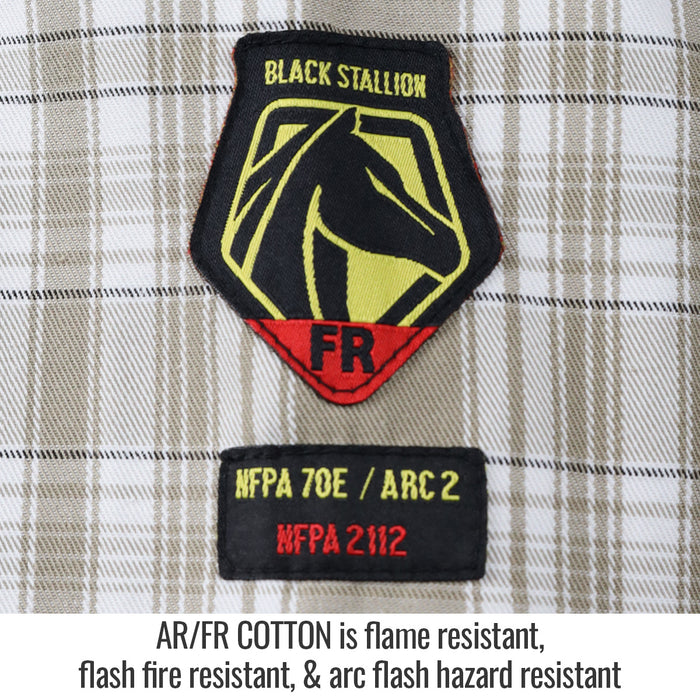 Black Stallion Large AR/FR Cotton Work Shirt with Pearl Snaps, Khaki Plaid. WF2110-PK