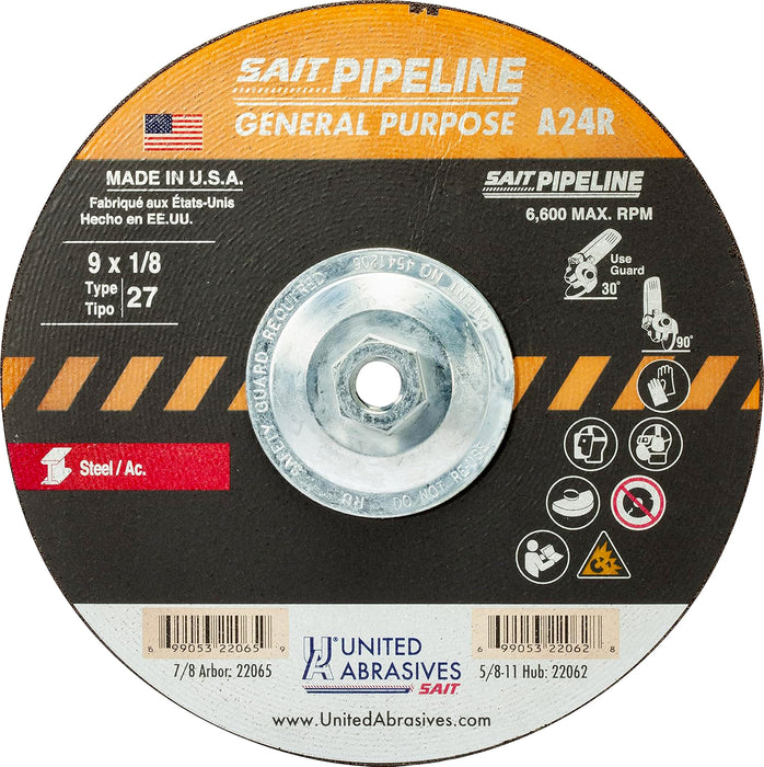 UNITED ABRASIVES/SAIT 22062 A24R Pipeline Grinding Wheel  9 x 1/8 x 5/8